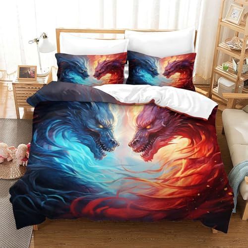 Housse de couette dragon de feu et glace 3D parure de lit microfibre king 220x240 cm