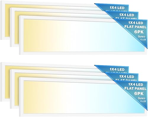 Sunco Lighting Paquete de 6 luces LED de panel plano de 1x4, CCT doble seleccionable 3500K4000K5000K y potencia seleccionable 30W40W46W, 5700LM,
