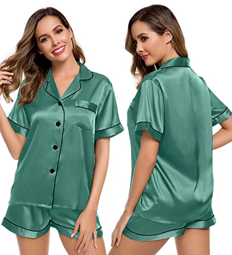 Image of LecGee Womens Silk Satin Pajamas Short Sleeve Loungewear Two-Piece Sleepwear Button-Down Pj Set