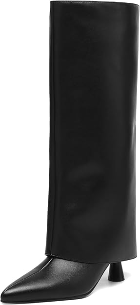 Womens Knee High Boots Fold over Shark Boots Slouchy Pointed Toe, Tall Boots Faux Leather Dress Boots