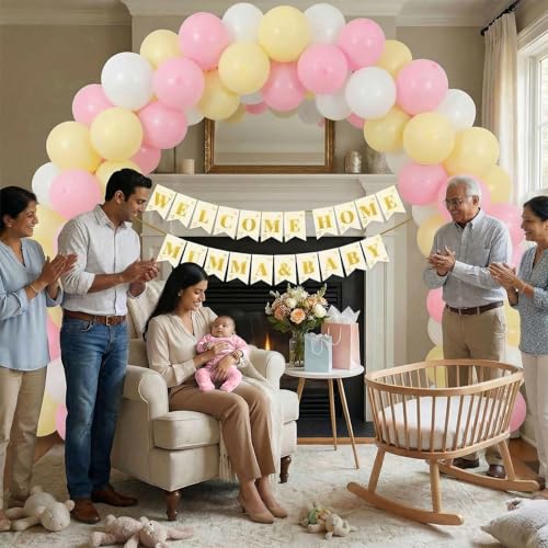 Image of Party Propz Welcome Baby Girl Decoration Kit - 32 Pcs Welcome Home Mumma & Baby Banner Set with Pastel Balloons, Naming Ceremony Decoration Kit (Cardstock, Latex)