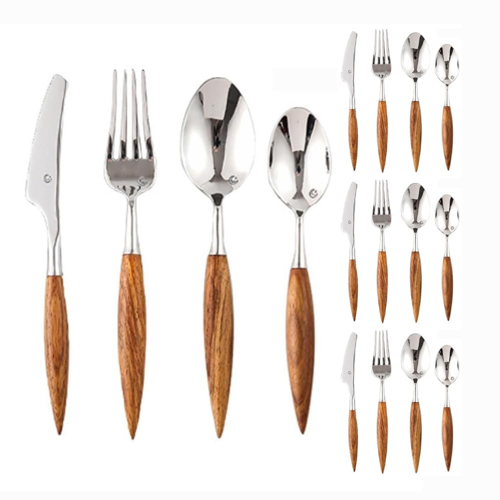 Couverts de Cuisine en Bois Massif de Rose avec Manche en Acier Inoxydable, Couverts de Table, Couteau à Steak, Fourchette, cuillère à café (4 pièces) (20 pièces)