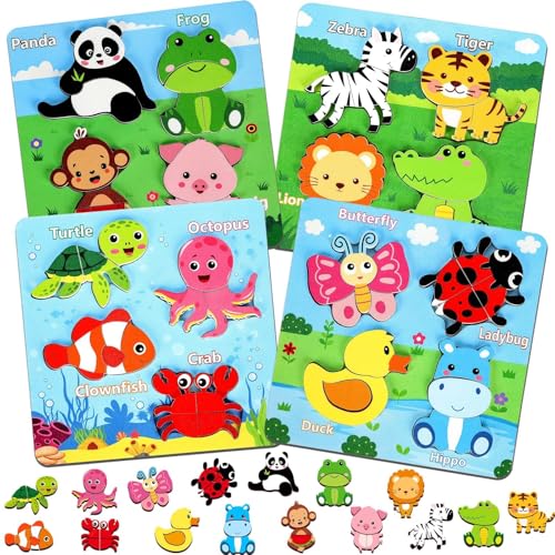 QOUBAI 16 Animal Wooden Puzzles for Toddlers Age 3-5 Wooden Puzzles Learning Educational Toddler Puzzles Animal Patterns Fine Motor Skills Toys 4Pcs Learning Educational Animal Puzzles for Boys Girls