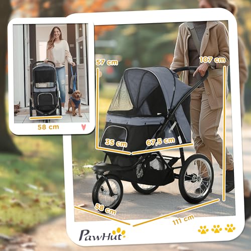 PawHut Hundewagen Hundebuggy klappbar für Hunde & Katzen bis 20 kg Katzenwagen mit geländegängige Gummiräder Kissen Netzfenstern Türen Katzenbuggy mit Aufbewahrungskorb Buggy Grau
