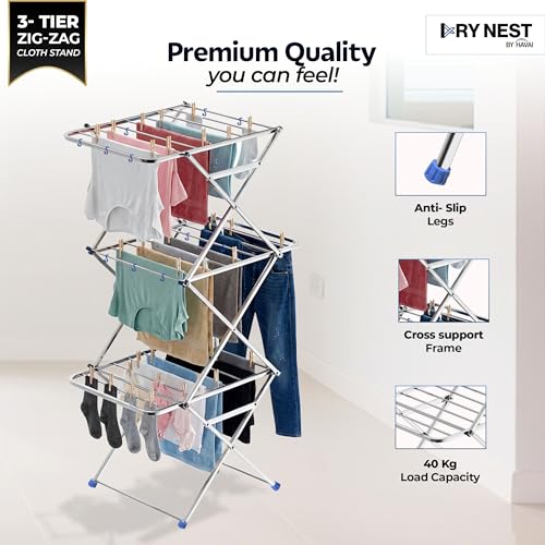 Image of HAVAI DryNest 4.5 KG Heavy Duty Clothes Drying Stand | 40 KG Load Capacity | 3-Tier Zig-Zag Foldable Stainless Steel Airer | Rust Proof Laundry Rack for Balcony & Indoor Use