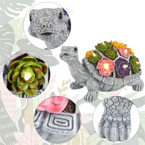 FORUP Turtle Garden Statue, Resin Turtle Figurine Garden Lawn Ornaments with Solar LED Lights for Outdoor Yard Garden Decorations, Grey - Thumbnail 3
