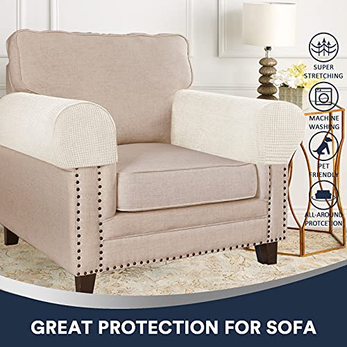 Stretch Sofa Armrest Covers Spandex Jacquard Arm Covers For Chairs And Sofas Anti-Slip Couch Armrest Covers With Sticker Furniture Armrest Protector For Sofa Couch Chair Recliner, Set Of 2, Beige #TOP1