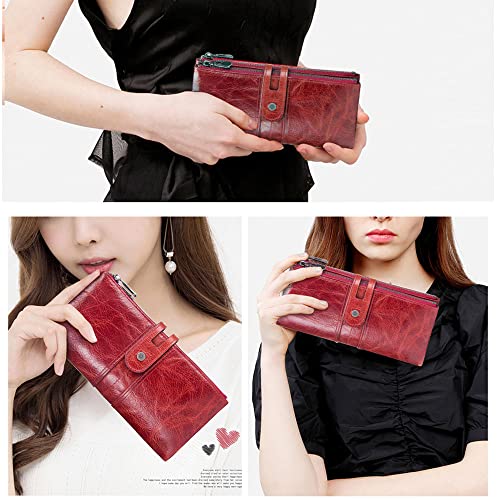 Contacts Womens Clutch Wallet Leather Checkbook Purse for Women Bifold Long Zipper Wallet Phone Card Holder (Red)4