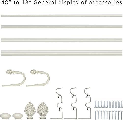 Miniatura 2 de Barra de cortina doble de 1 pulgada con remates Valois y retenes, blanco envejecido, 48-84 pulgadas