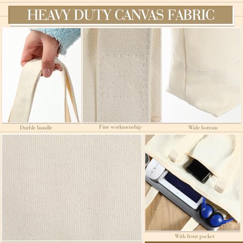 Reginary 16 Pcs Canvas Tote Bags Bulk with Outer Pocket 18 Inch Reusable Shopping Grocery Blank Tote Bag for Women Mother DIY (White)