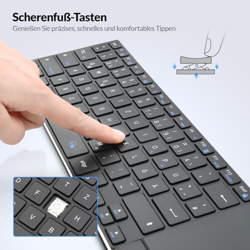 Rii Kabellose Tastatur mit Touchpad Büro, Wireless Keyboard Office, Deutsche QWERTZ-Layout, Tastatur Kabellos Geschenke für Laptops, Desktops, Smart-TVs, Tablets, Schwarz (2.4G+BT) 4