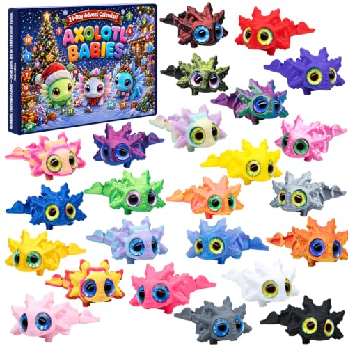 Axolotl Advent Calendar 2026, 24 Days Christmas Countdown Calendar with 3D Printed Axolotl Toys, Colorful Mini Axolotl Figures, Desk Pets, Christmas Gift for Kids Boys Girls