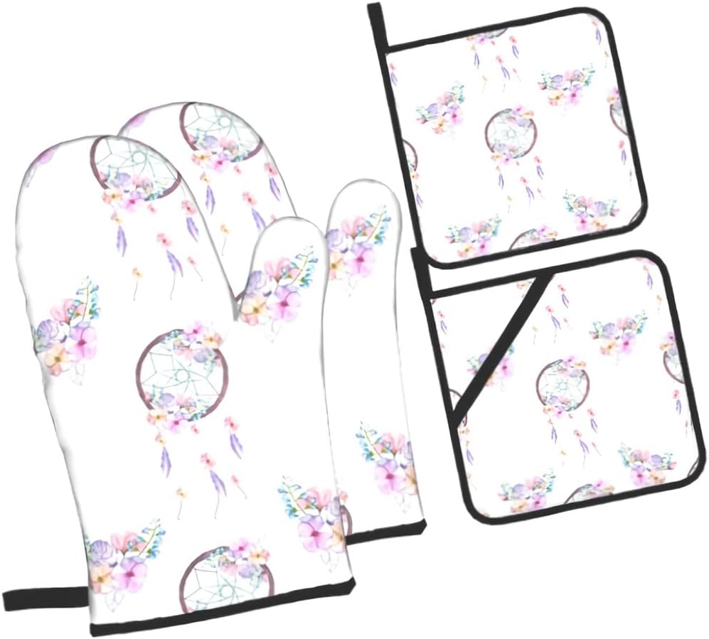 Floral Oven Mitts and Pot Holders Oven Gloves BBQ Cooking Baking Grilling Set of 4