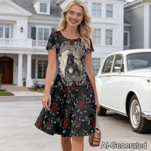 Image of Irisjudy T Shirt Dress for Women Short Sleeve Girls Short Sleeve Dress Plus Size, O Neck Knee Length Midi Dress for Ladies