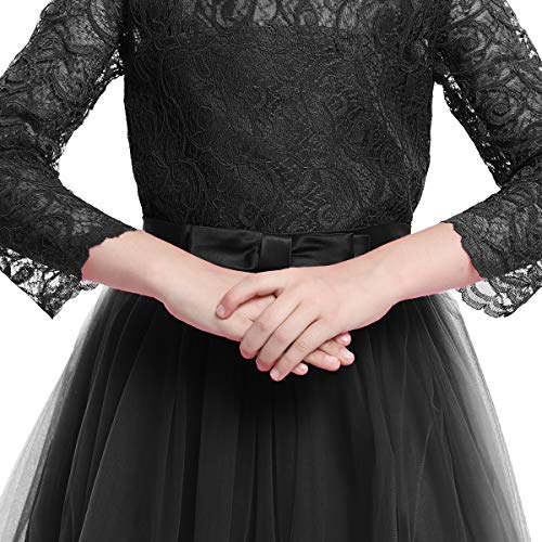 Flower Girl Long Princess Dress Vintage Lace Maxi Gown Kids Formal Wedding Bridesmaid Pageant Tulle Dresses Little Big Girls Elegant Bowknot Dance First Communion Birthday Prom Dresses Black 7-8Y4