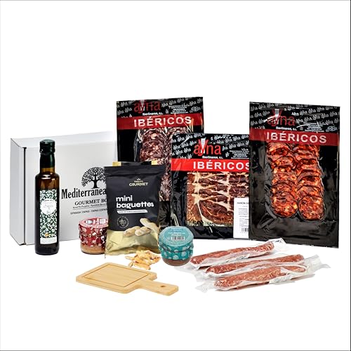 Spanische Gourmet-Tapas-Korbbox - iberische Chorizo und iberischer Schinken + Iberische Trüffelpasteten und süßer Wein + 3 Stück Fuets + natives Olivenöl + Gourmet-Brot +Tapas aus Holz als Geschenk