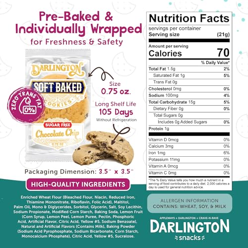 Image of Darlington Snacks Individually Wrapped Soft Baked Sugar Free Chocolate Chips, 100% Nut Free Sugar Free Cookies for Diabetics, Made in USA, 106 Count