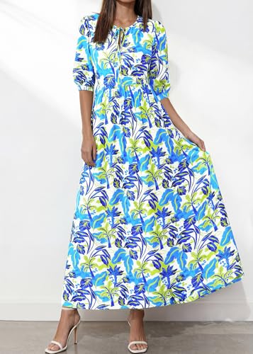 Image of KIRUNDO Maxi Dresses for Women 2026 3 /4 Sleeve Summer Dress | Spring Boho Floral, Drawstring Tie Neck, Loose Fit, Elastic Waist, Pockets, Wedding Guest, Beach Vacation Flowy Long Dress