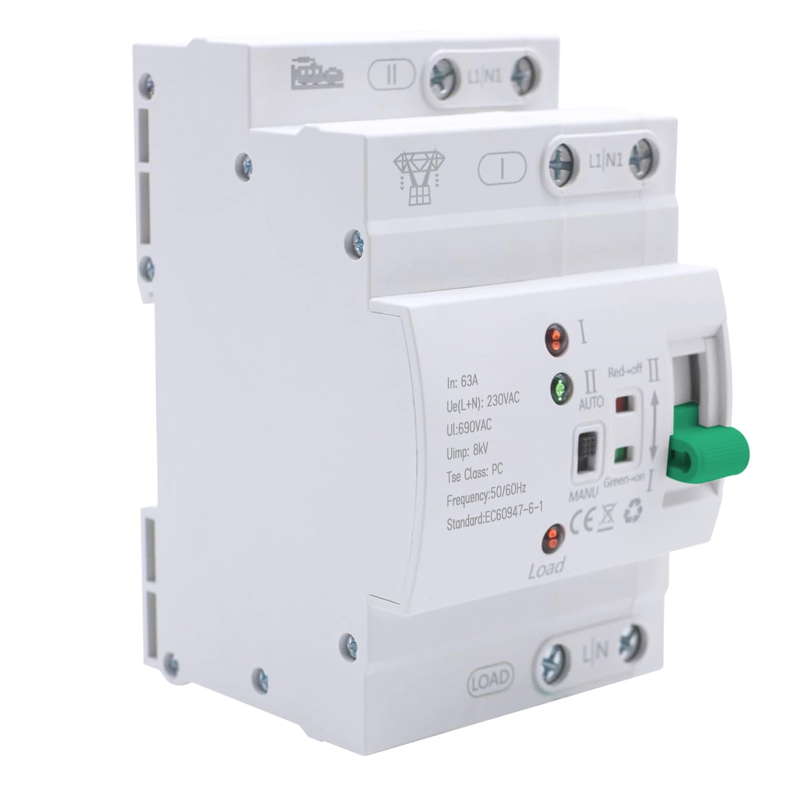 Automatischer Transferschalter, ATS 2P 63A 400V Transferschalter Hutschiene ATS, Dual Power Umschalter Hutschiene, Elektrischer Lastumschalter Für Dreiphasen-Stromversorgung