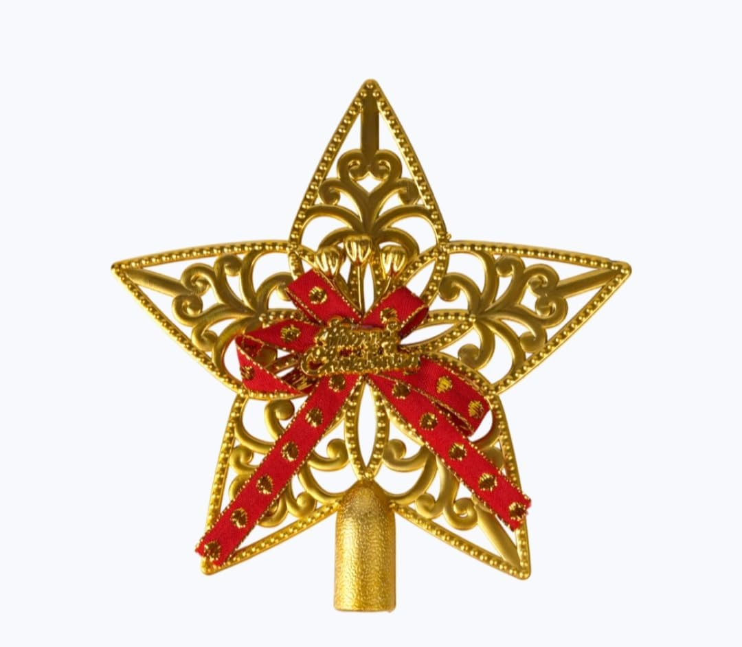 Gold Christmas Tree Star Topper with Red Bow, Filigree Design, Holiday Decoration