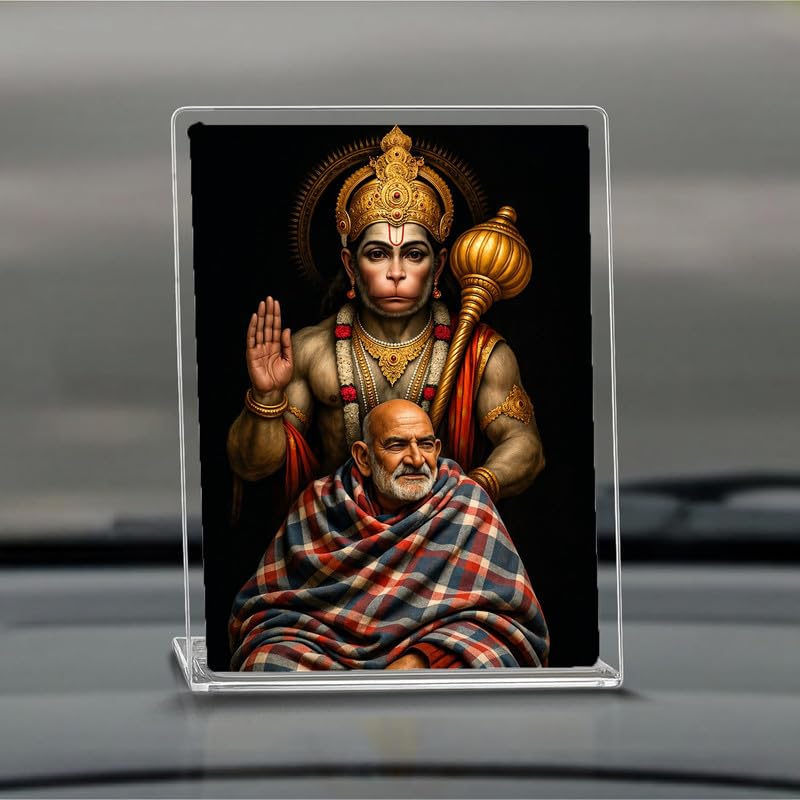 Neem Karoli Baba with Hanuman Ji Photo Frame 4x3 Inch | Acrylic UV Printed Spiritual Frame with Mirror Effect | Car Dashboard Tabletop Stand for Home & Office Decor-picture-23