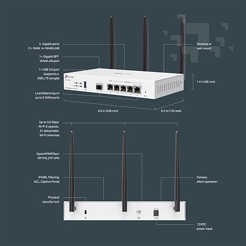 Miniatura 3 de TP-Link Festa FR365, AX3000 WiFi 6 VPN Router, hasta 5 Gigabit WAN + 1 USB 3.0 WAN + 1 SFP, red autoorganizada, nube libre, equilibrio de carga,