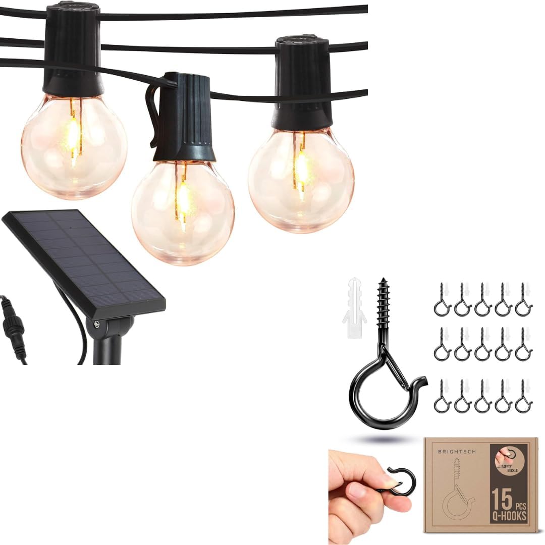 Brightech Bundle Ambience Pro Cadena de luces LED para exteriores con energía solar, 27 pies, 1 W, ganchos de rosca para luz blanca cálida