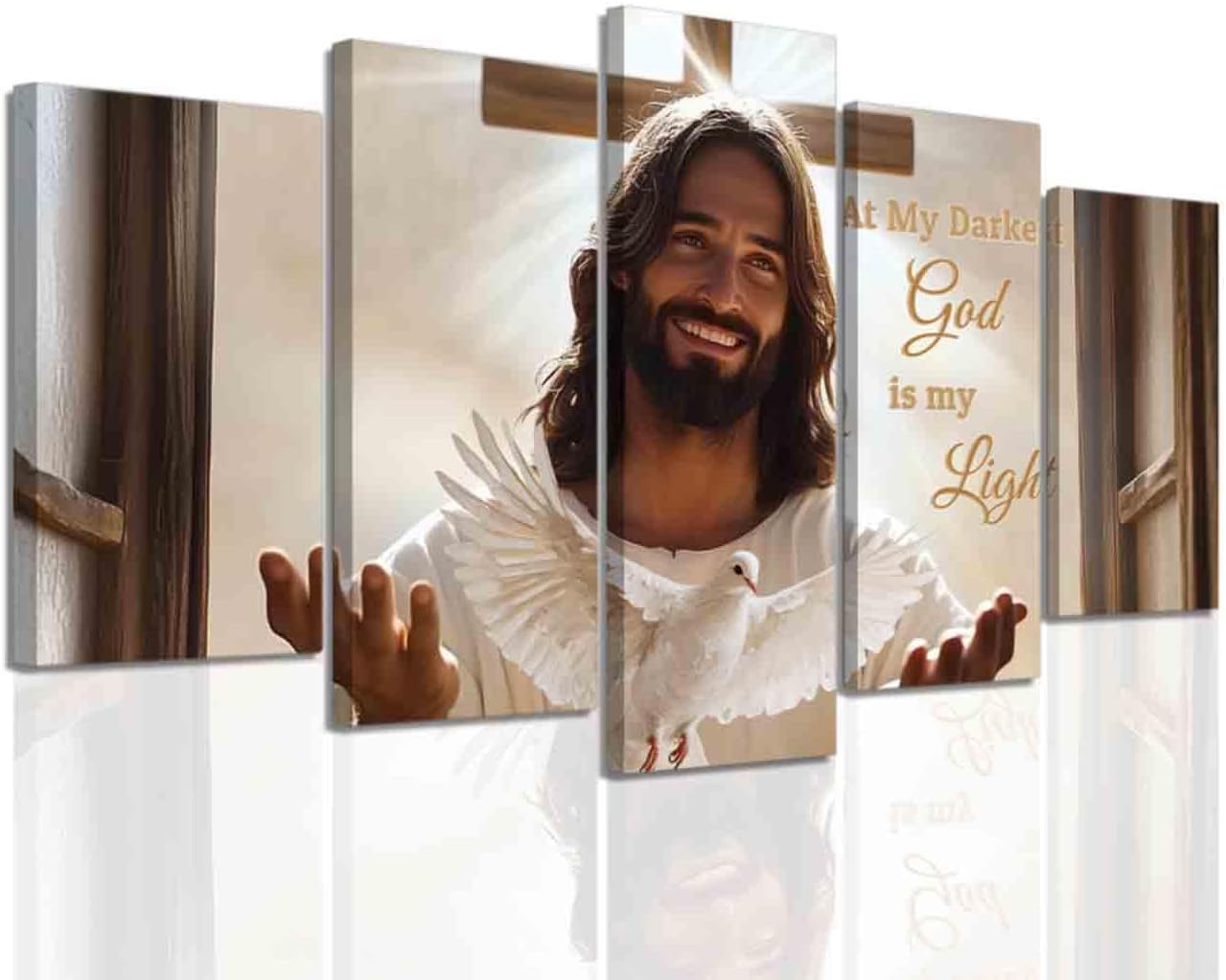 BJYCHG 5Pcs Jesus Canvas Wall Art Christian Cross Pictures Dove of Peace Religious Faith Poster Prints God Inspiring Paintings Large Home Decor Framed (White, (8x14inx2 8x18inx2 8x22inx1))