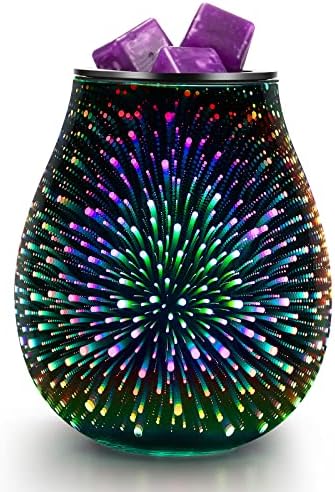 inrorans 3D Glass Electric Wax Melt Warmer Oil Burner with Stable Heating PTC Reusable Silicone Tray 7 Colorful Changing Led Light Night Light Scent Warmer for Home Fragrance Warmers(3D Firework)