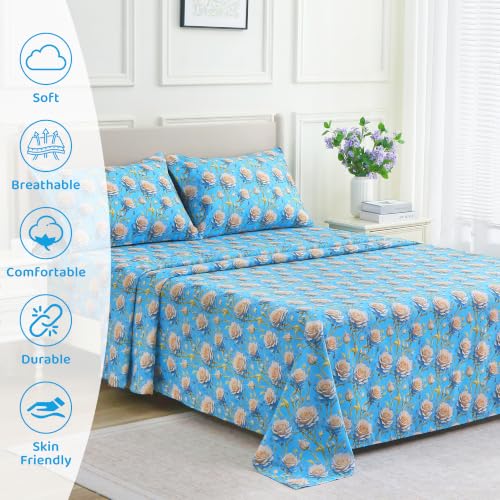 Image of Mooreeke Cozy Floral Microfiber Printed Twin Sheet Set - Soft & Breathable 3D Rose Bed Sheets with Deep Pocket - Non-Slip Fitted Design - Blue White Rose Pattern - Queen
