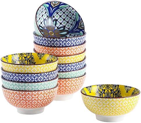 vancasso Natsuki Rice Bowl Porcelain Multi-Colour Patterned Japanese Style Crockery Cereal Bowl Serving Bowl Set of 4, Ideal for Soup/Mixing/Fruit/Noodle/Ramen/Snack