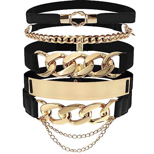 5 Pcs Women Gold Metal Belts - Adjustable Metal Waist Belt - Skinny Elastic Belt - Wide Chain Strap Stretch Ladies Waistband for Dress