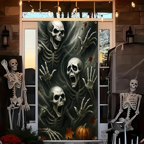 Image of BlissYard Door Cover Halloween Skull Spirits 35 x 71 Inch | Polyester, Skull Spirit Forest Design, Haunted House Door Decor, Porch, Wall, Party and Photo Backdrop Display