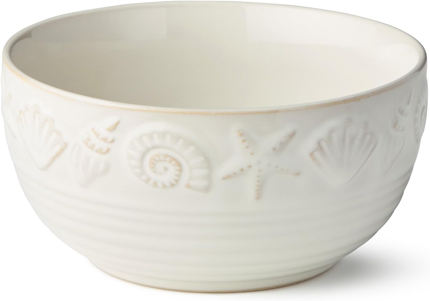 Coastline Cream Stoneware ICE CREAM/DESSERT BOWLS SET of 4, 5.25 x 3 inch embossed coastal shell and starfish bowls with glossy glaze, durable beach house serveware for desserts, snacks