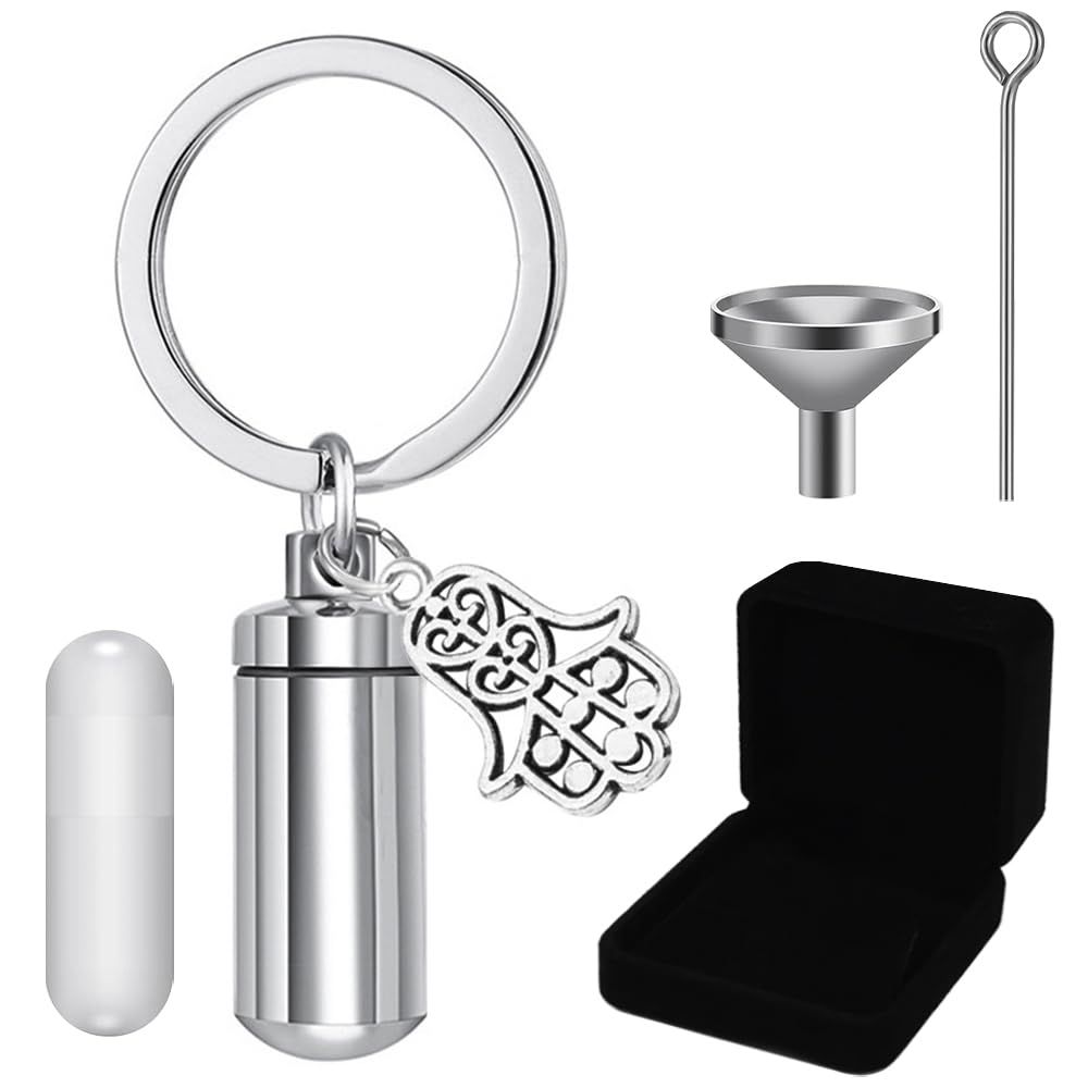 Mini Urn Keychain Cylinder Memorial Ashes Holder Stainless Steel Hamsa Hand Keepsake Urn Key Chain Memorial Cremation Keyring Cremation Jewelry for Human Pet Ashes