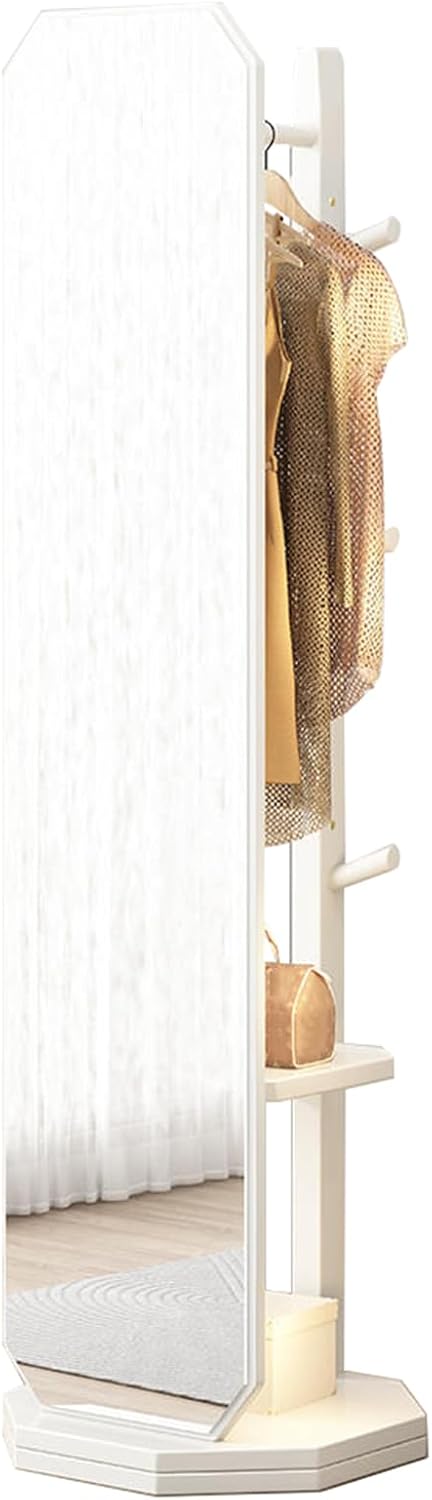 Floor-Standing Solid Wood Rotating Coat Rack，Full Length Mirror with Coat Rack - 360° Rotating Freestanding Dressing Mirror with Hanging Hooks for Living Room, Bedroom, and Cloakroom Storage