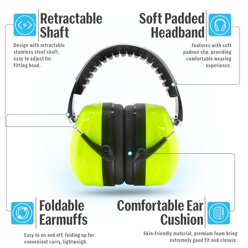 Image of BDS Safety Premium Ear Muffs - NRR 26dB SNR 33dB Noise Reduction Headphones - Adjustable & Foldable Hearing Protection for Shooting, Construction, Studying, Sleeping (Neon Green)