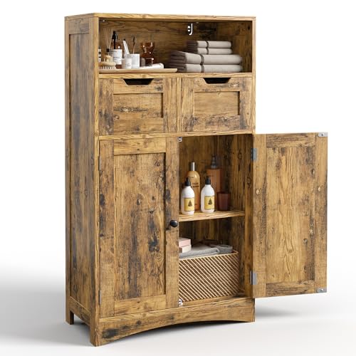 Bealife Armoire Salle de Bain, Armoire de Rangement avec 2 Tiroirs, Étagère Réglable et 2 Portes, Meuble Rangement pour Salon, Chambre, 60x30x108 cm, Rétro