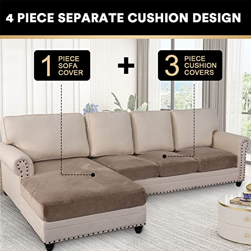 Sectional Couch L Shape Sofa Cover 4 Piece Sectional Couch Cover Velvet Couch Covers Sectional Separate Cushion Couch Chaise Cover Furniture Protector For Pets Dogs(Xl Sofa 3 Seater + 1 Chaise, Taupe) #TOP2