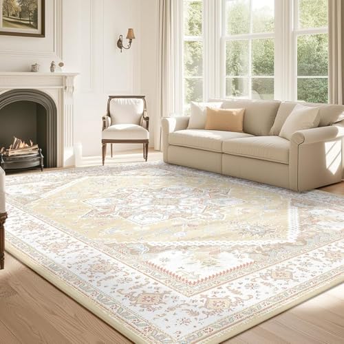 BESTSWEETIE Area Rug 8×10 for Living Room, Washable Rug 8×10, Non Slip Water Repellent Floor Carpet, Low Pile Soft Vintage Rug for Bedroom Dining Room Indoor-Cream/Light Yellow/Brown/Blue/Red/Pink