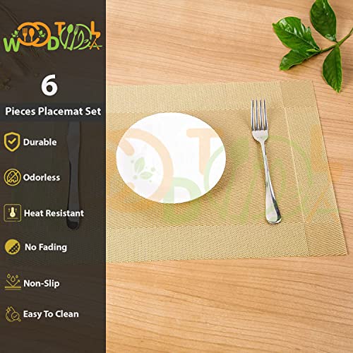 Image of Table Mats Set of 6 for Kitchen Dining Table with Runner - Washable PVC Placemats - Woven Vinyl Placemat - Table Runner (6-Piece Placemat, 1-Piece Runner, Gold)