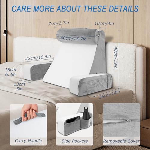 HOMCA Reading Pillow for Bed - Back Pillow for Sitting Up with Arms Rest, Full Support Back Rest Pillow for Adult Bed Rest Pillow for Reading/Watching TV/Resting/Gaming (Grey/White, Standard)