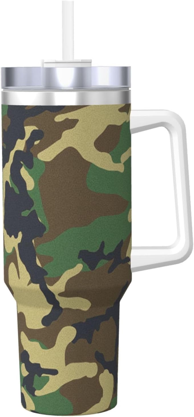 40 OZ Green Military Camo Print Ice Bully Cup with Handle Straw Lid Straw,Stainless Steel Tumbler Coffee Cup