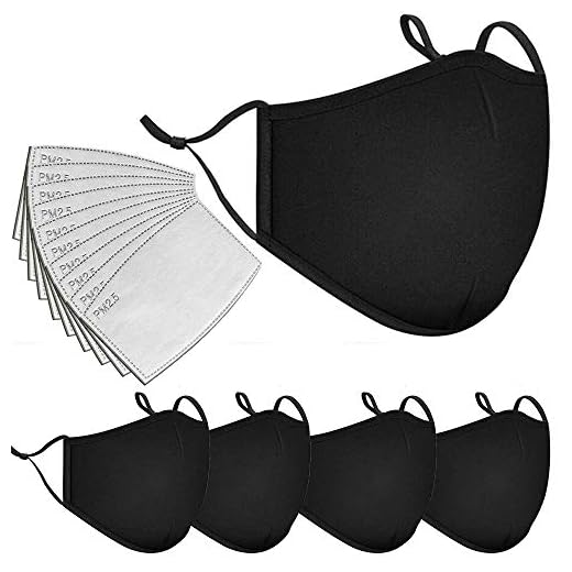 Tanness Unisex svart ansiktsmask skydd med PM2.5-filter bomullsark tvättbart återanvändbart ansikte munskydd med justerbara remmar (5 masker och 10 filter)
