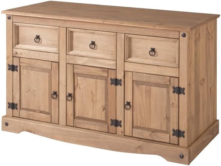 HomeStock Pine Wood Buffet Sideboard - Rustic Finish, Dovetail Drawers, Spacious Storage 3 Door/Corono Brown