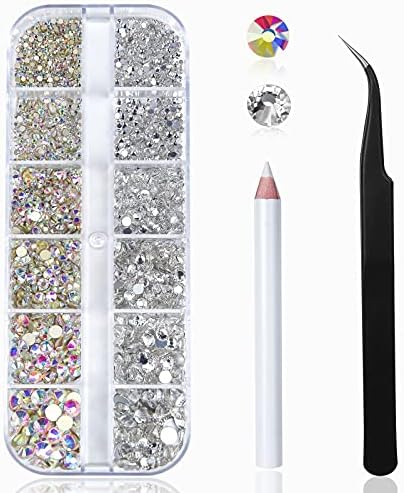 Nail Art Rhinestones Kit HUETFAT 2400pcs Nail Gems Ab Flatback Rhinestones Gems Stones, with Storage Organizer Box/Wax Pencil/Tweezers 6 Sizes (1.5-4.5 mm) for Nail Art Craft (2400pcs)