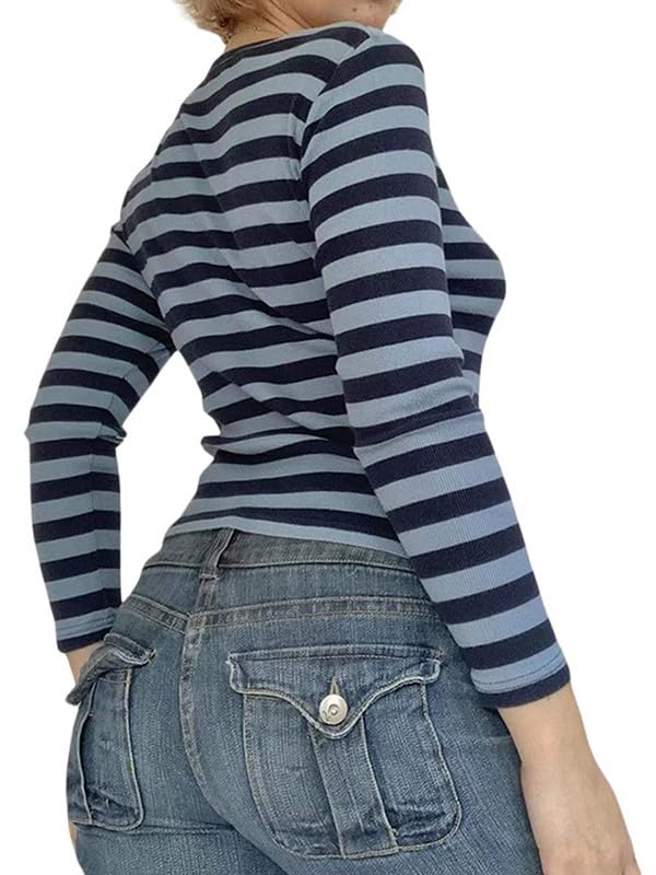 Image of Women Off Shoulder Striped Long Sleeve Top 2026 Fall Going Out Tee Shirts