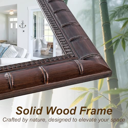 Image of Vintage Bronze Mirror, 39'' x 27'' Solid Wood Mirror Frame with Bamboo-Joint Design, Decorative Wall Mirrors for Living Room, Bathroom, Bedroom, Entryway, Fireplace, Horizontal /Vertical