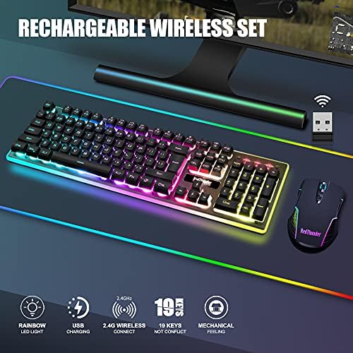 RedThunder K10 Wireless Gaming Keyboard and Mouse Combo, RGB Backlight Rechargeable 3800mAh Battery, 26-Key Anti-ghosting Keyboard + 7D 3200DPI Mice for PC Gamer - 1