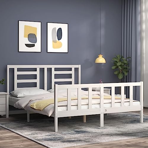 Homgoday Canapé con cabecero blanco de 160 x 200 cm, madera maciza, cama sommier, cama con marco de cama, estructura para salón y dormitorios - imagen 3
